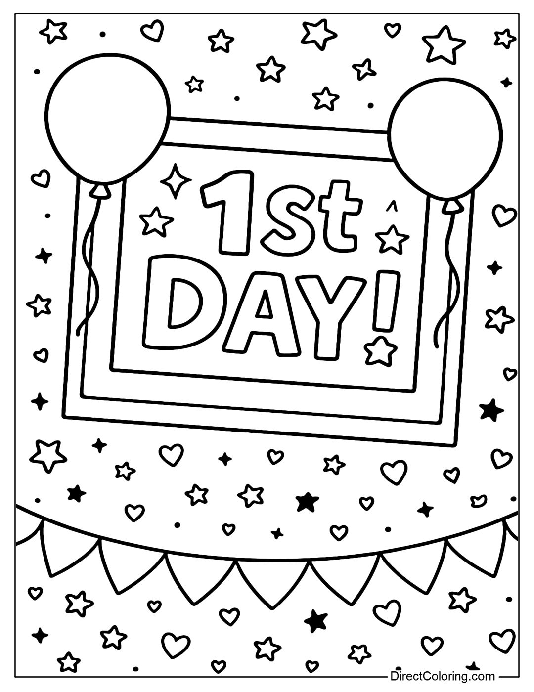 Coloring page of a school photo booth with a 1st Day! photo frame, balloons and a heart-shaped star background.