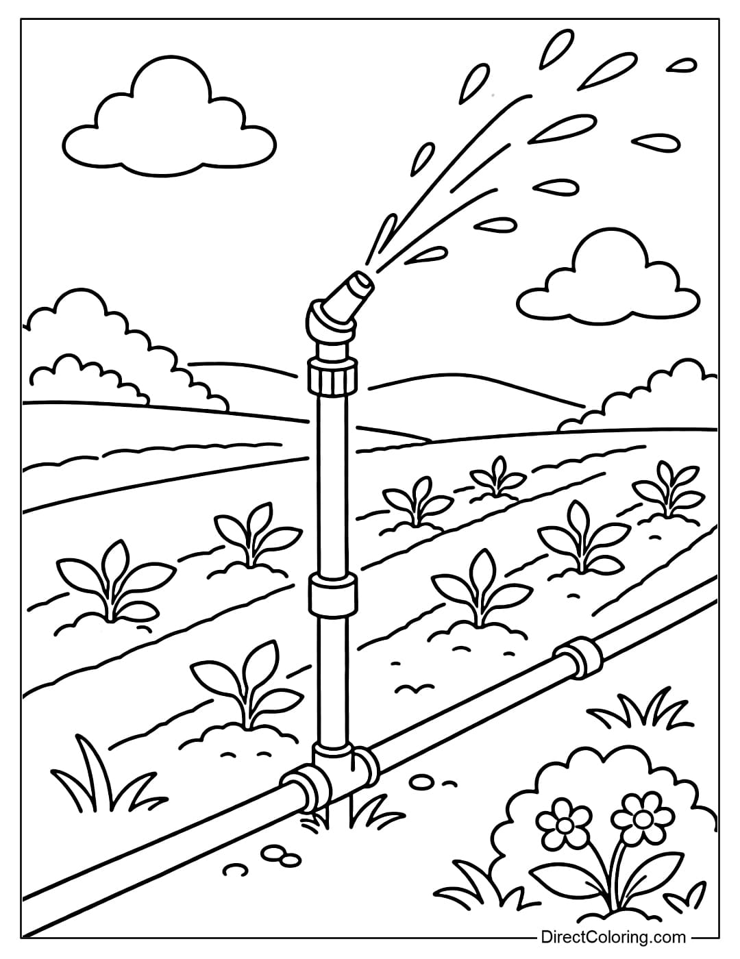 Coloring page of an irrigation system with simple sprinkler nozzles in the field.