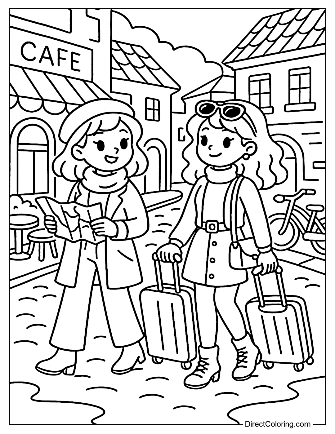 Coloring page of two girls pulling suitcases walking around the old town, surrounded by cafes, bicycles and maps.