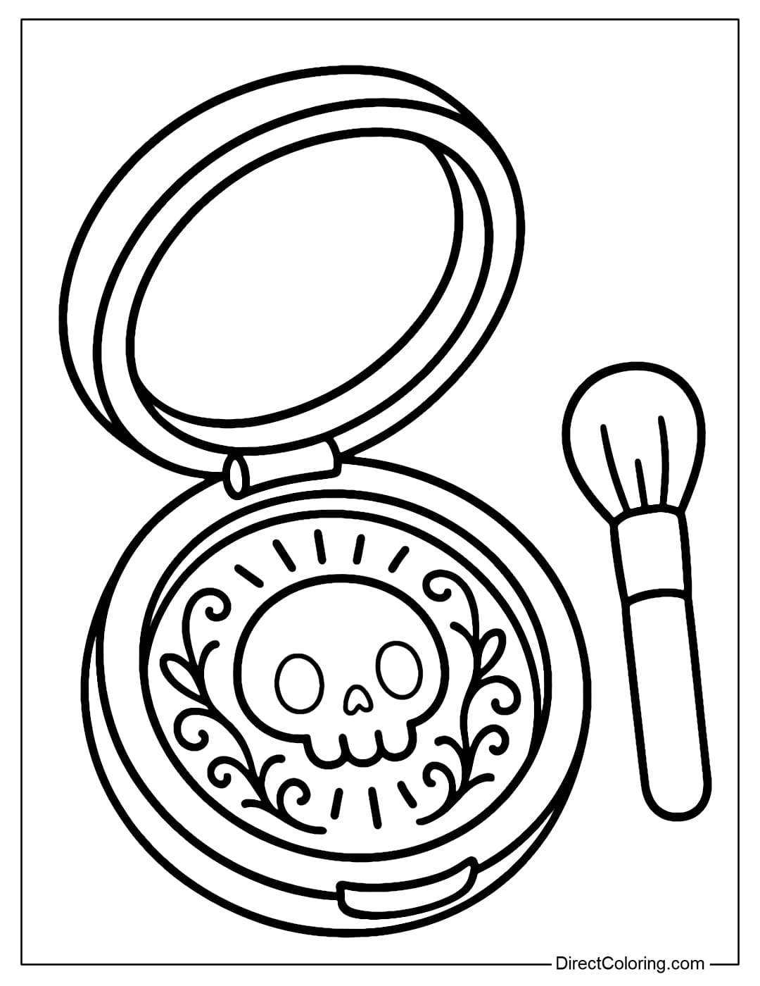 A powder compact coloring page with a skull and glowing circular pattern, with a small brush.