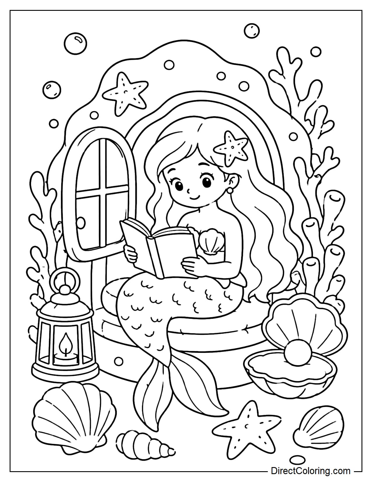 A mermaid sits reading a book by a small coral window, surrounded by seashells and lighthouses under the ocean.