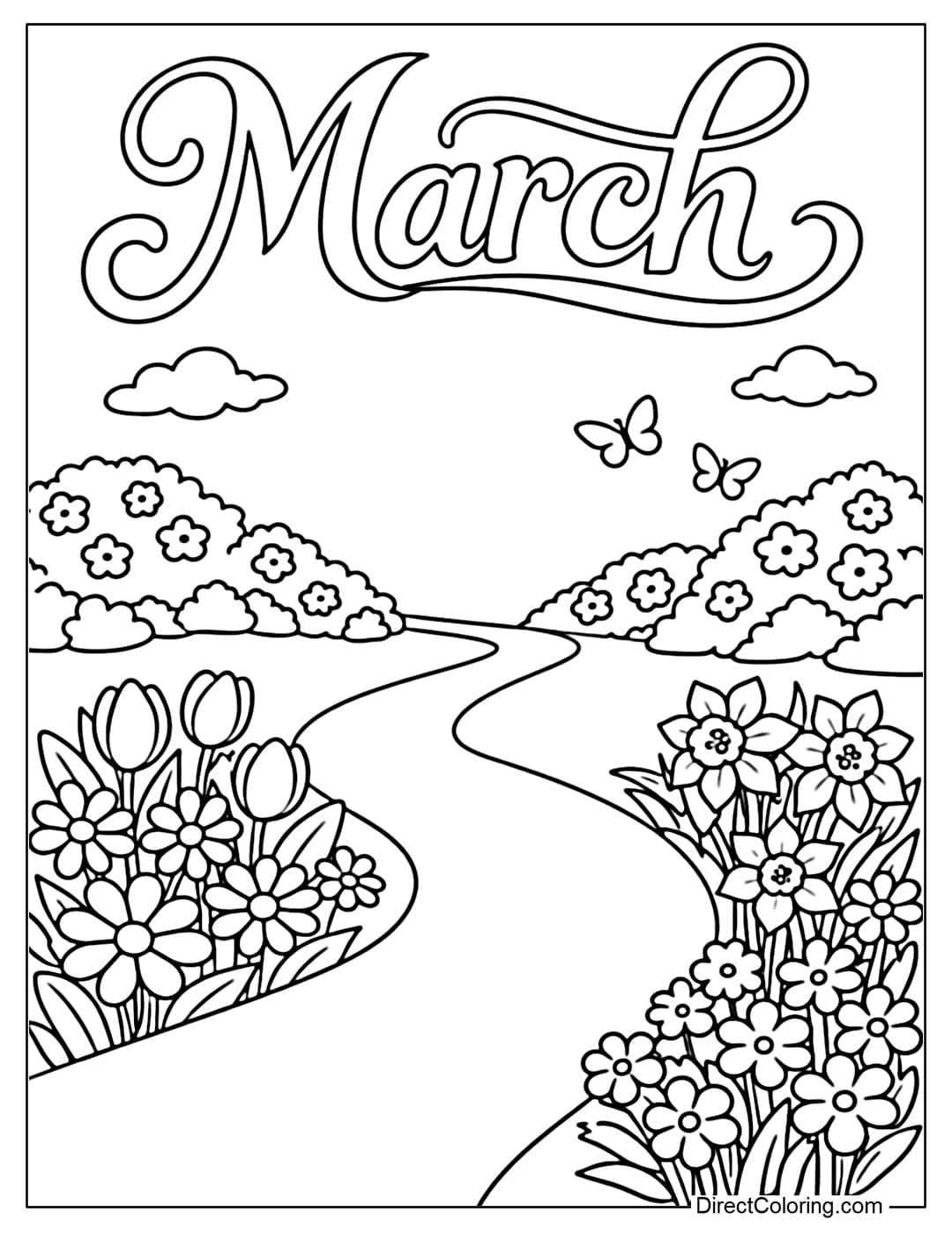 Coloring page of a small, winding path between two rows of spring flowers, with the word 