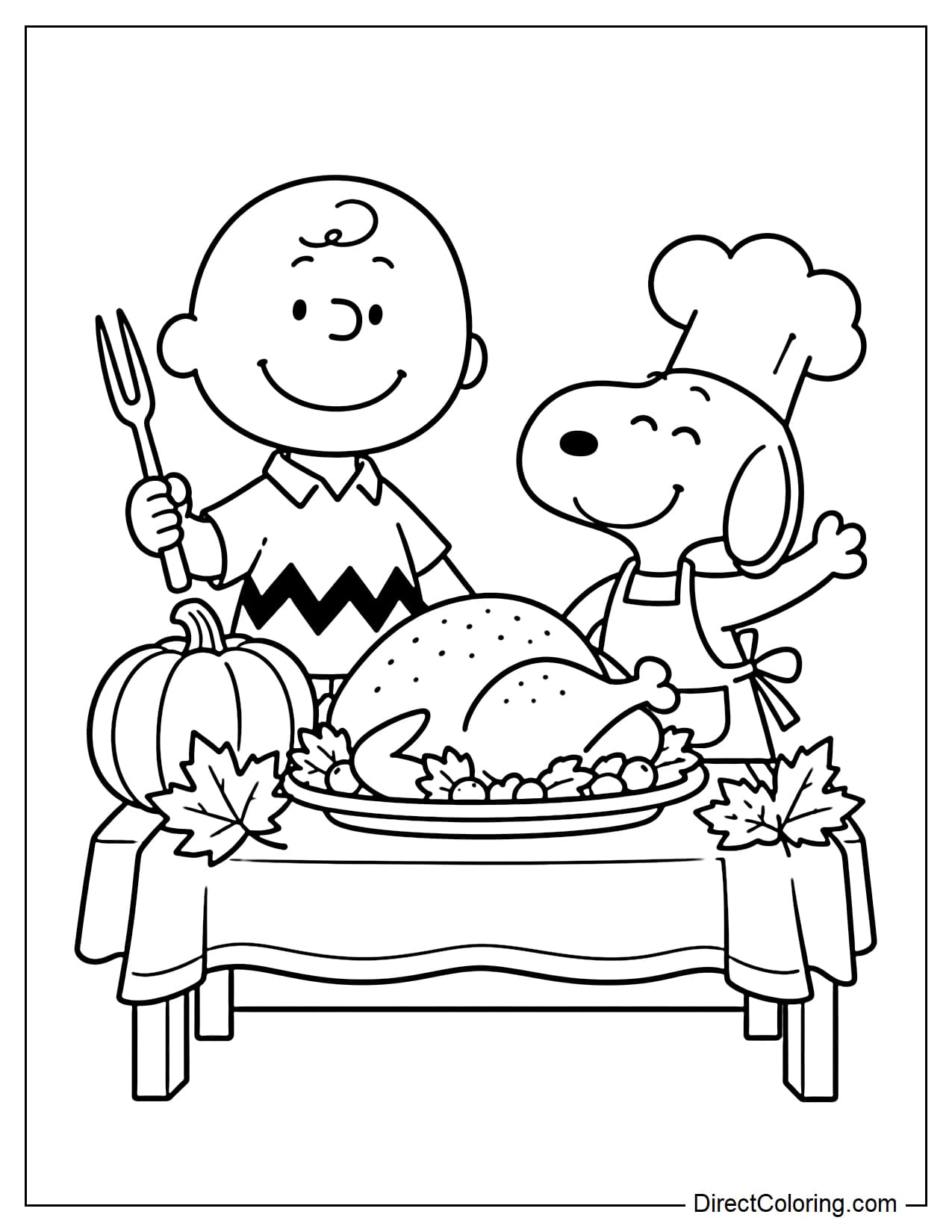 Charlie Brown and Snoopy prepare for a Thanksgiving feast. Snoopy wears a chef's hat as he stands beside Charlie Brown near a small table holding a large platter of roasted turkey.