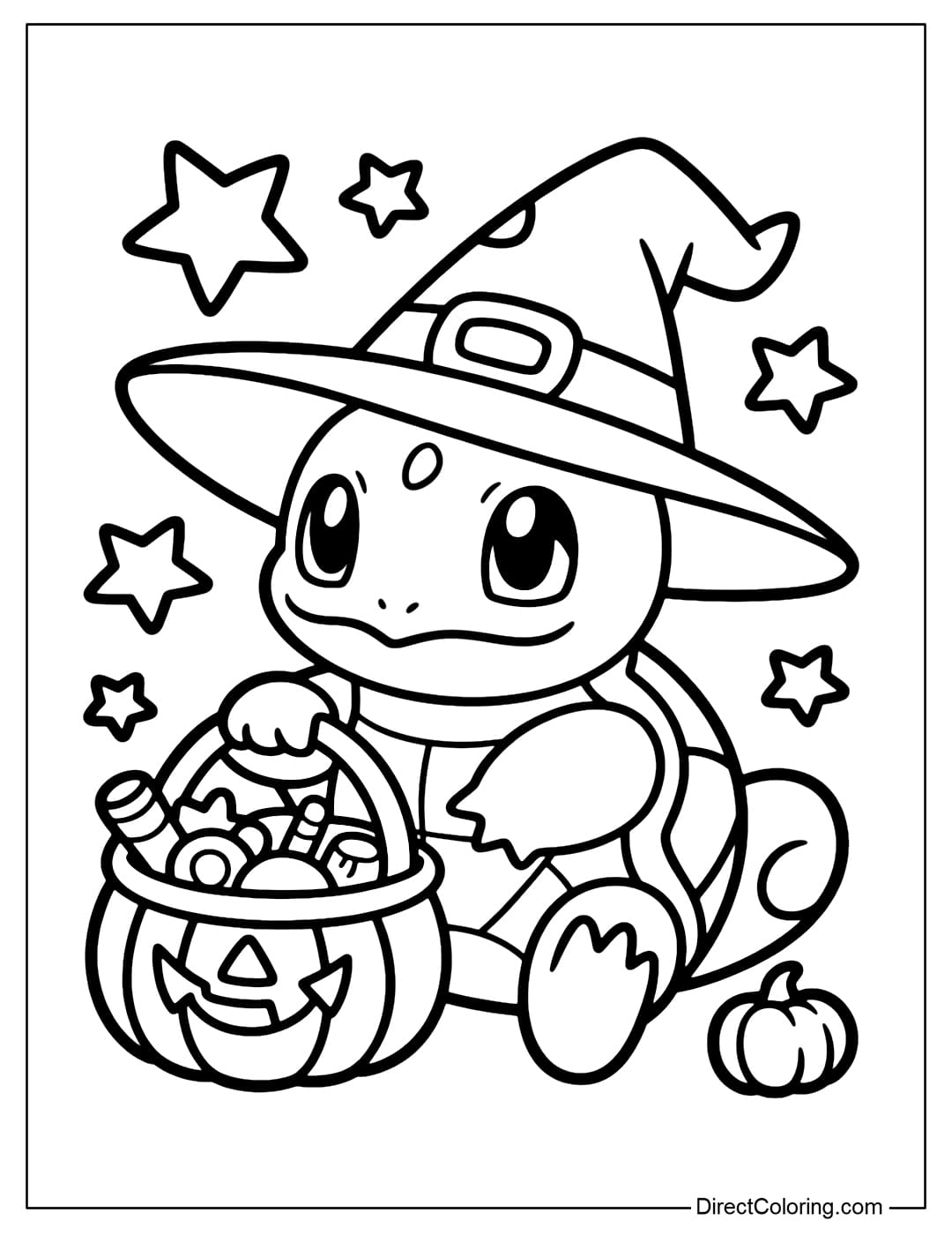 Squirtle coloring page wearing a big witch's hat, sitting next to a pumpkin basket full of candy.