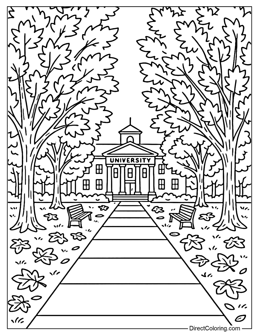 A road coloring page on an American university campus, rows of red and yellow trees, students walking.