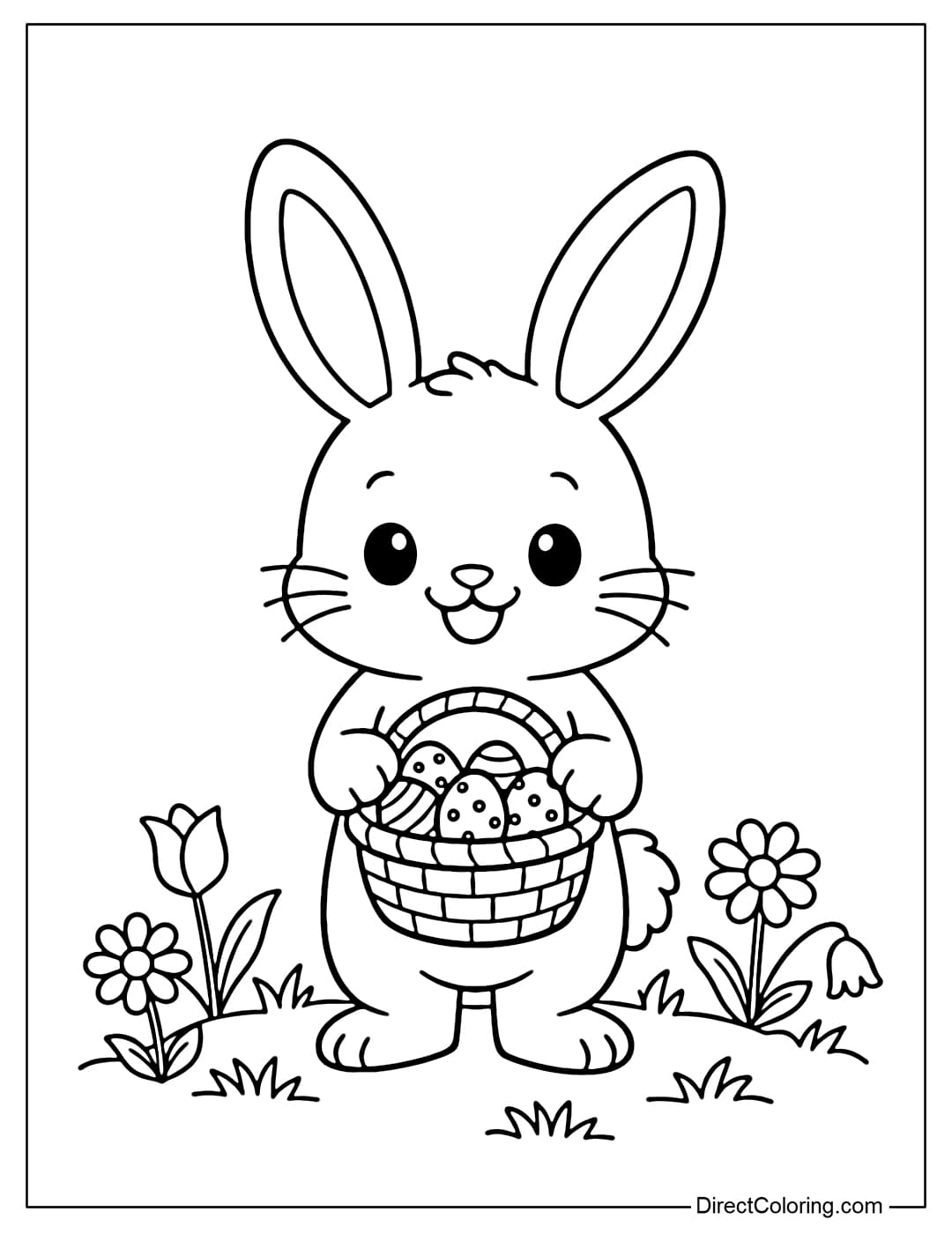 A cute Easter bunny coloring page showing a bunny carrying a small Easter basket full of eggs, standing on a lawn with some spring flowers around it.