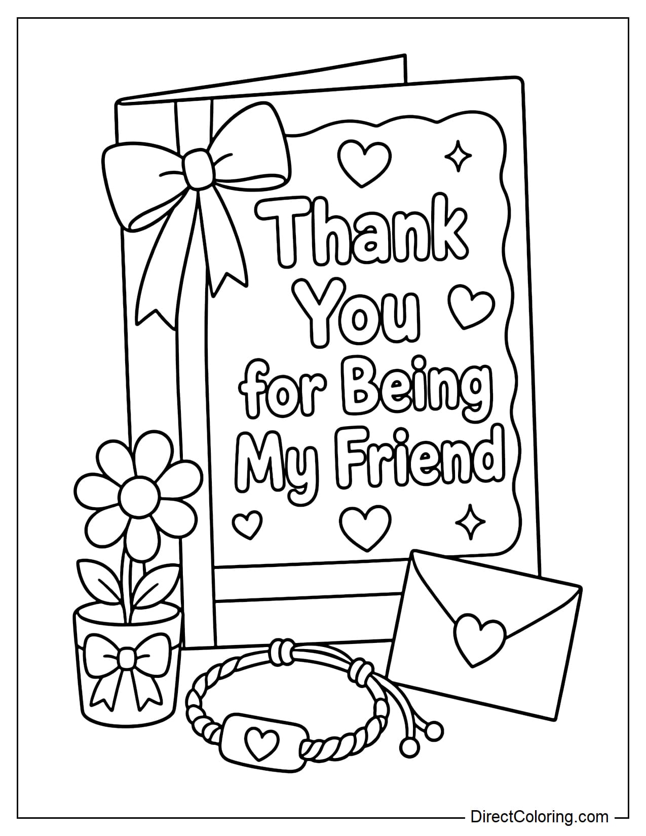 A large Friendship Day keepsake card tied with a ribbon, the front reads 
