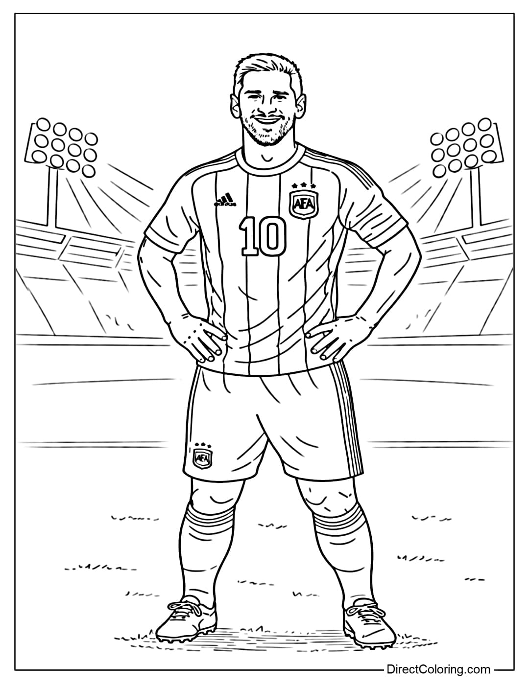 Coloring page of Lionel Messi standing under stadium lights, with a steady stance.