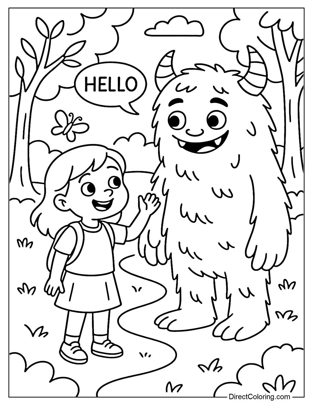 A coloring page where a child meets and greets a friendly monster in a fairy tale forest.