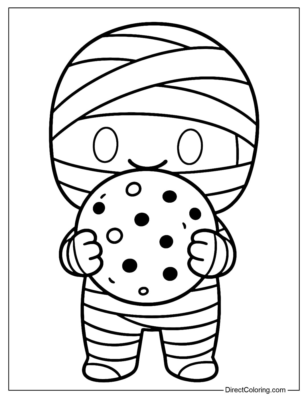 A coloring page of a mummy in chibi style, small in stature, holding a round cookie bigger than her face.