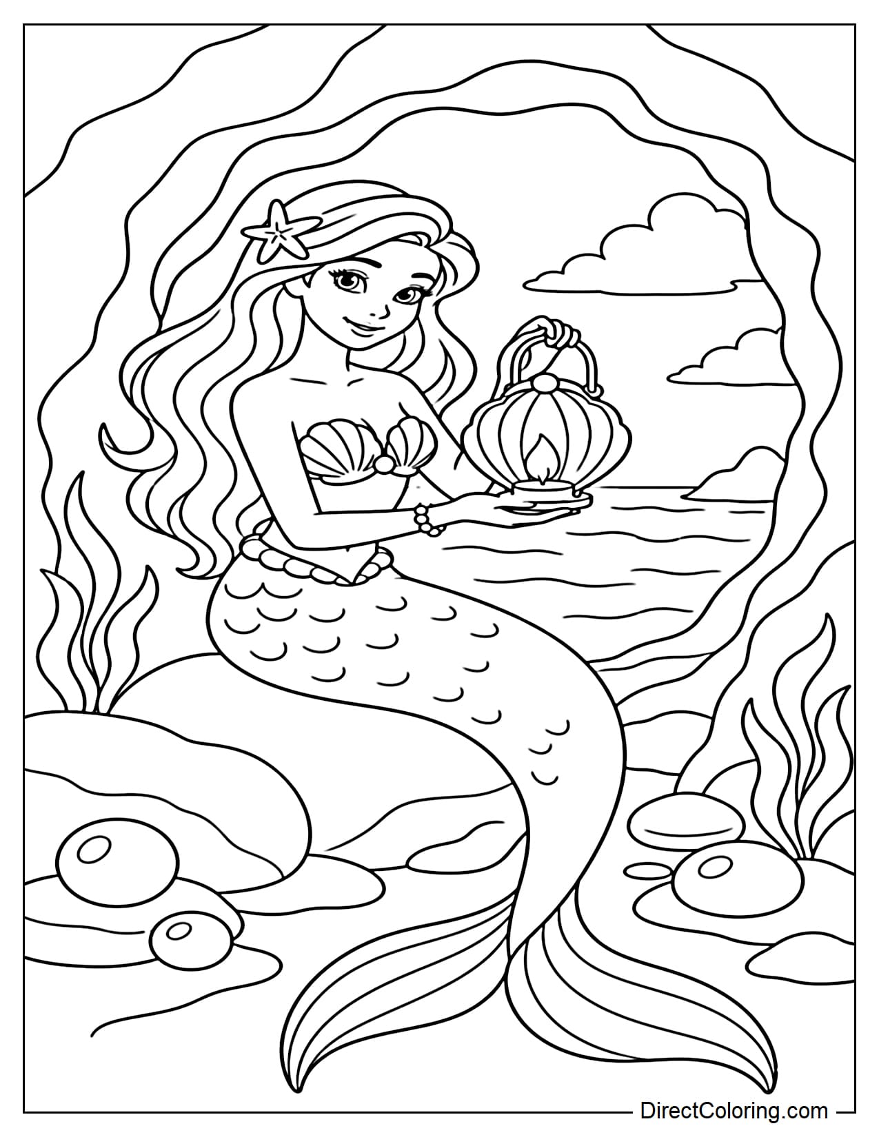 A mermaid is holding a seashell lantern in a small sea cave, surrounded by rocks, pearls, and seaweed.