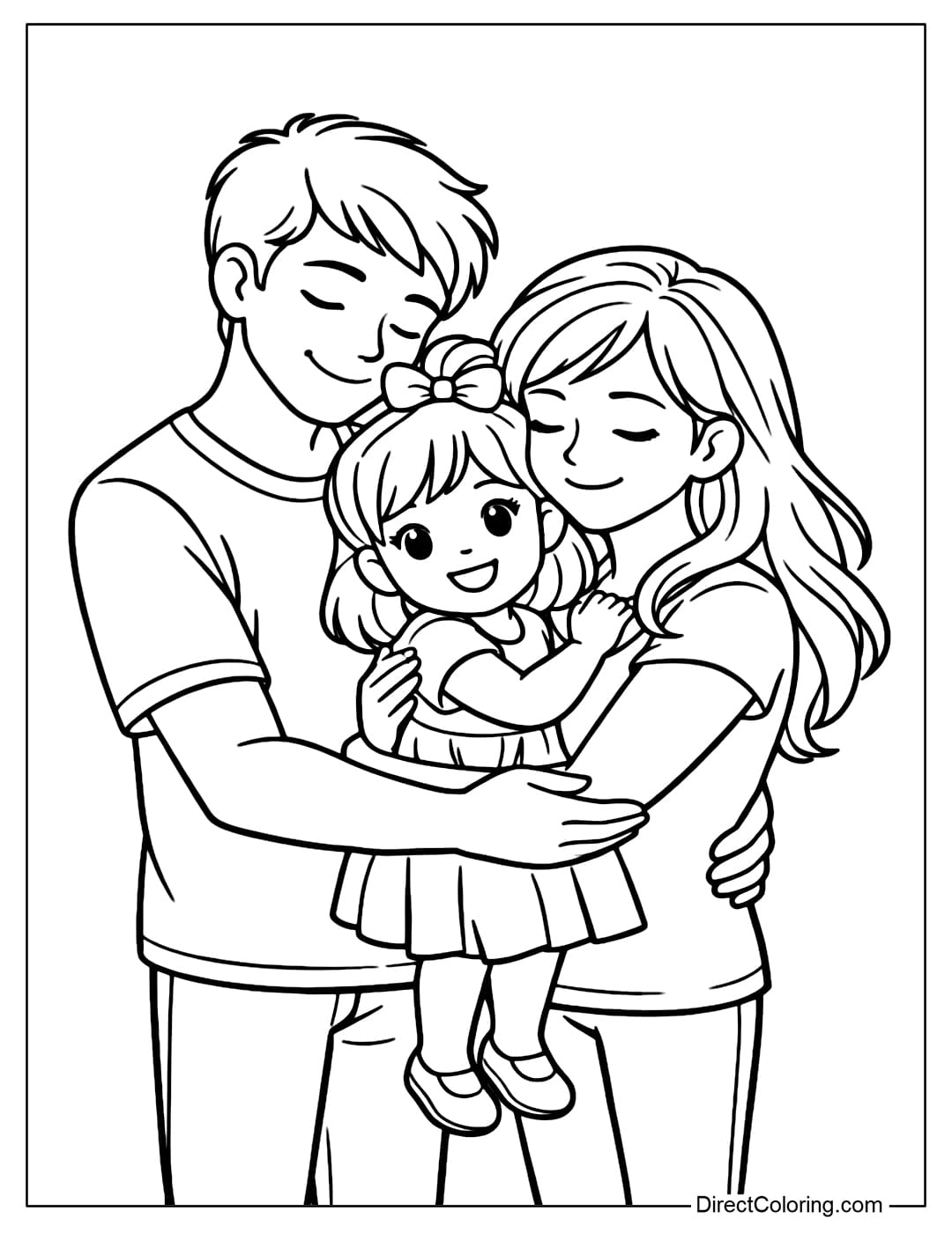 A coloring page of a small family hugging, with parents and child perfectly framed.