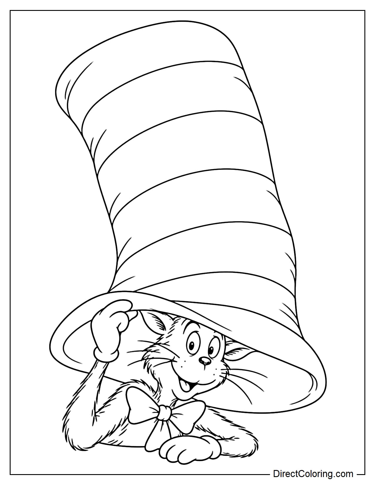The Cat in the Hat hides beneath an oversized striped hat, lifting the brim with one hand to reveal his mischievous face.