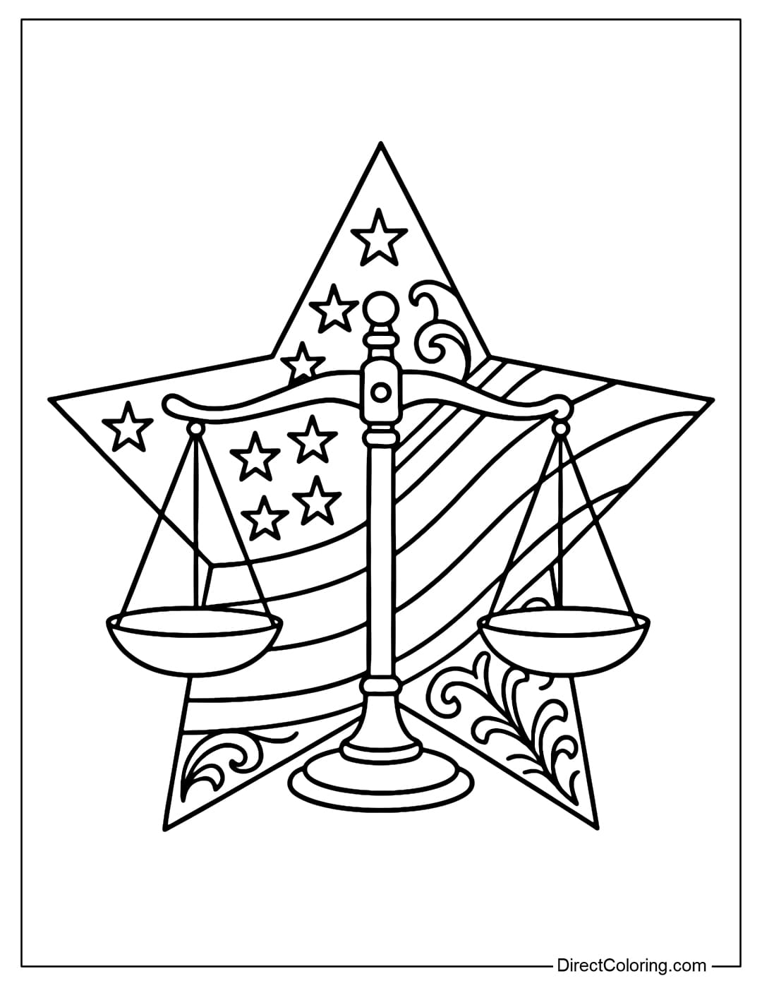 A coloring page of the scales of justice placed in the middle of the American star, decorated with stripes and red-white-blue patterns.