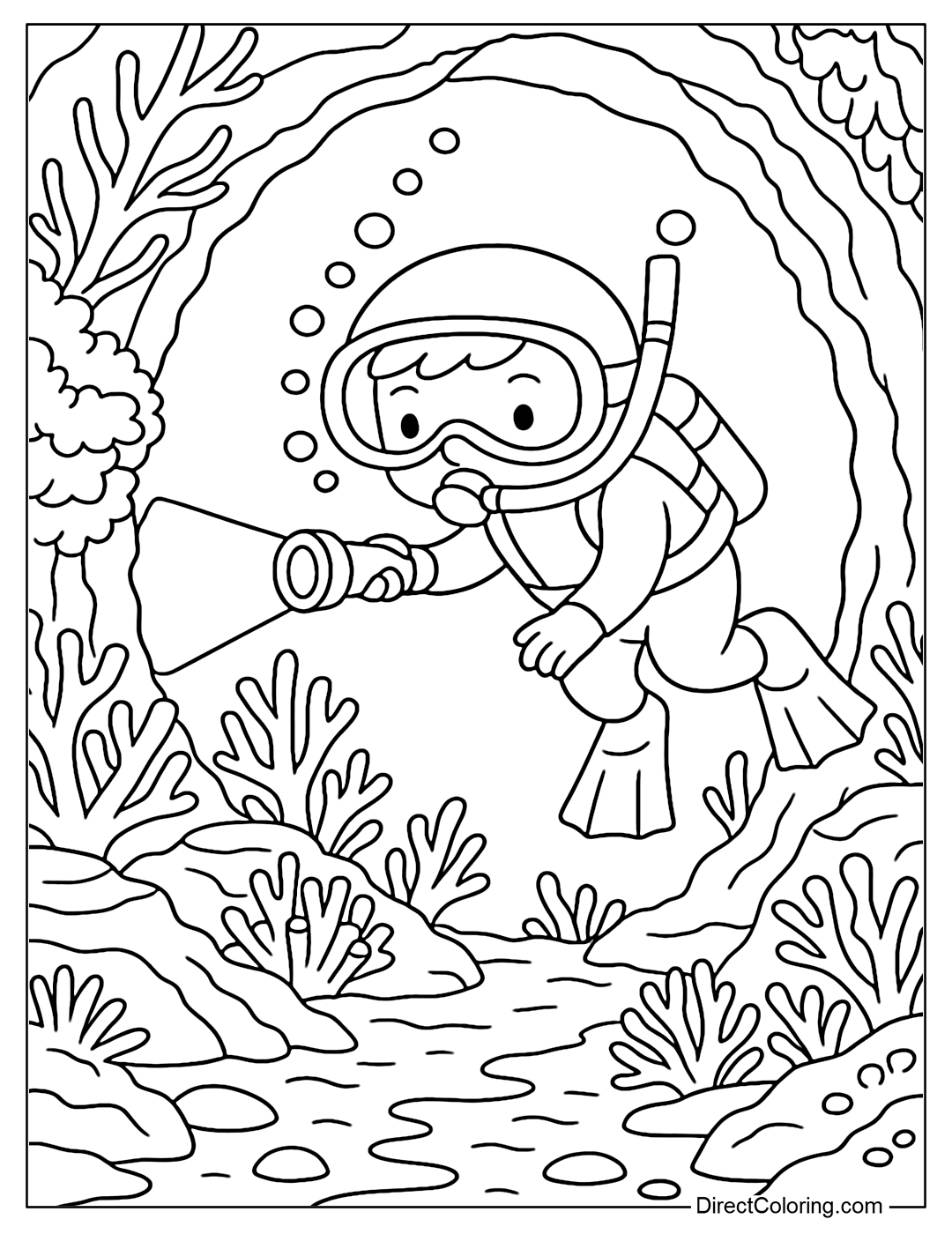 Little diver coloring page with headlamp exploring deep coral cave.