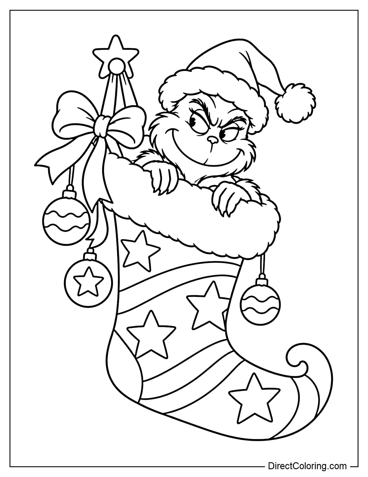 Grinch wears a Santa hat and playfully pokes his head and arms out of a giant, tilted Christmas stocking decorated with stars, stripes, and a large bow.