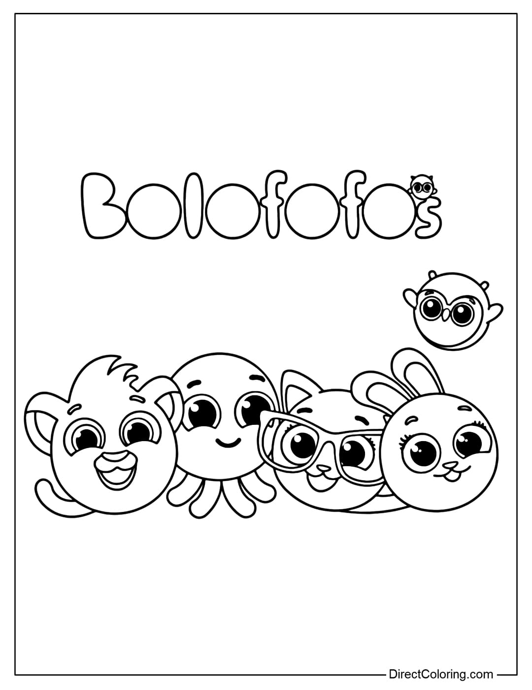 Coloring page of Bolofofos characters with Bolofofos logo and five lovely characters: Rick, Pow, Sophie, Bunny, Pipi.