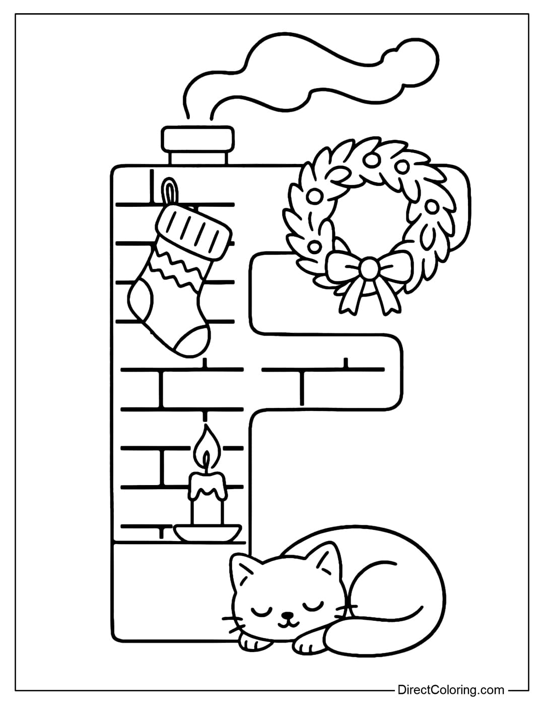 The Letter F Christmas coloring page is shaped like a small fireplace, with woolen stockings and laurel wreaths hanging above, and smoke rising gently.