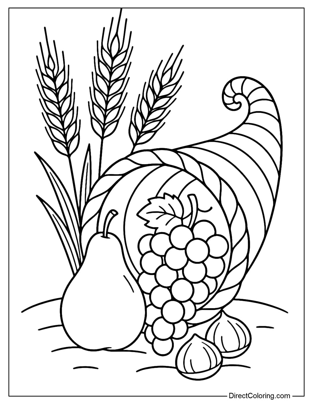 Cornucopia coloring page with grapes, pears, chestnuts and wheat.