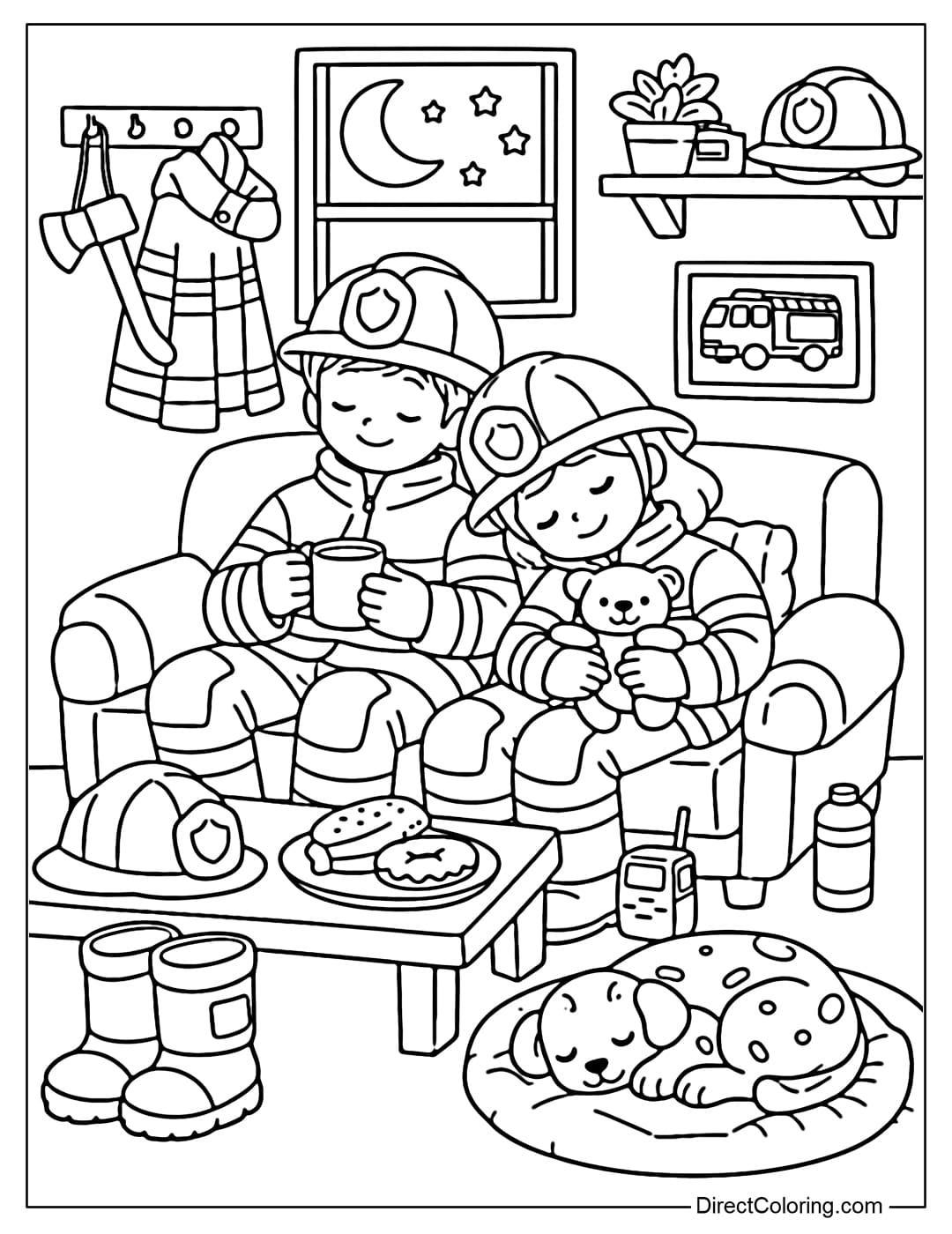 Coloring page of a firefighter resting after a shift.