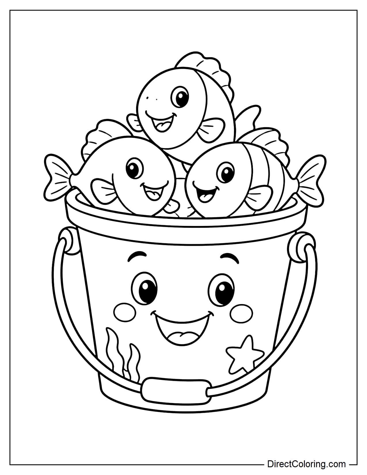 A bucket with a cute smiling face, containing several fish with funny expressions.