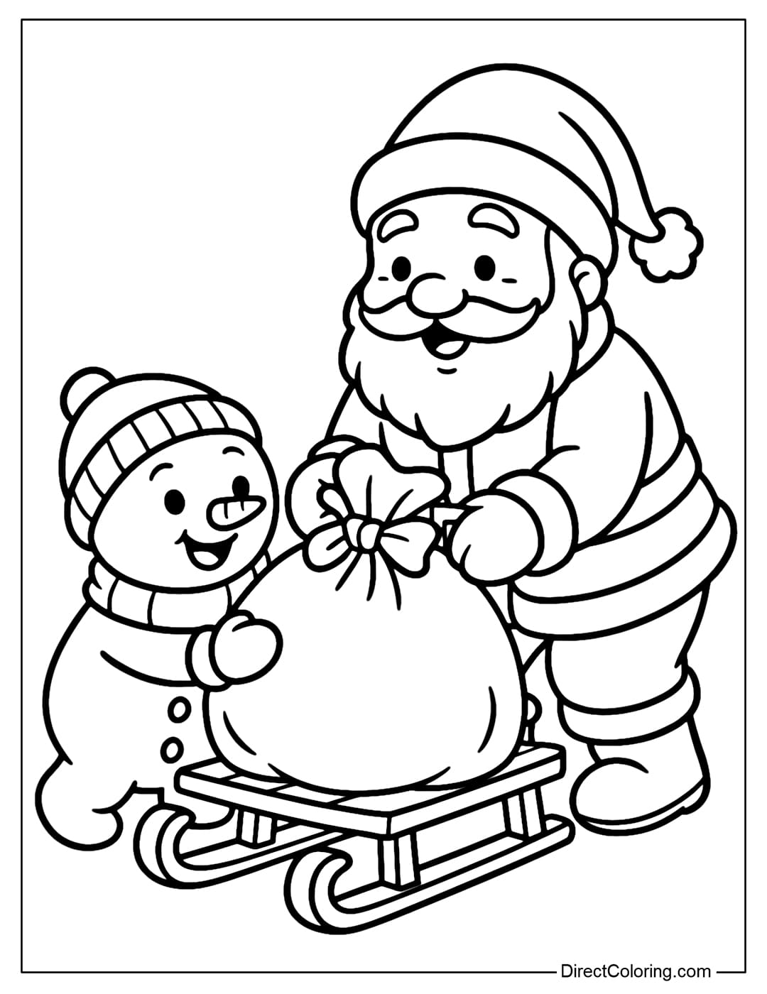 A cute little snowman coloring page is helping Santa Claus carry the gift bag onto the sleigh.