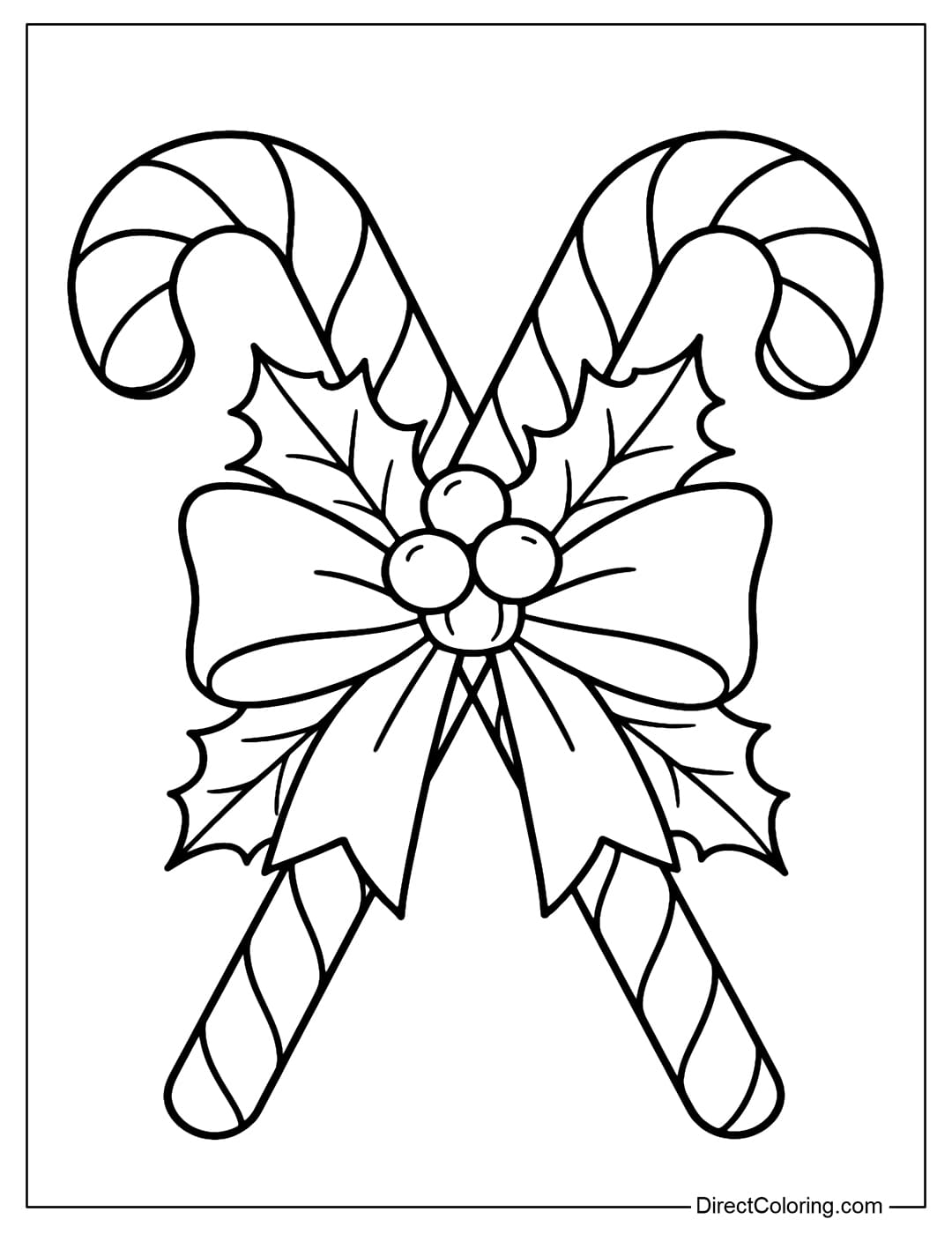 Two candy canes crossed over each other, tied with a large bow in the middle, alternating holly leaves and three round balls.