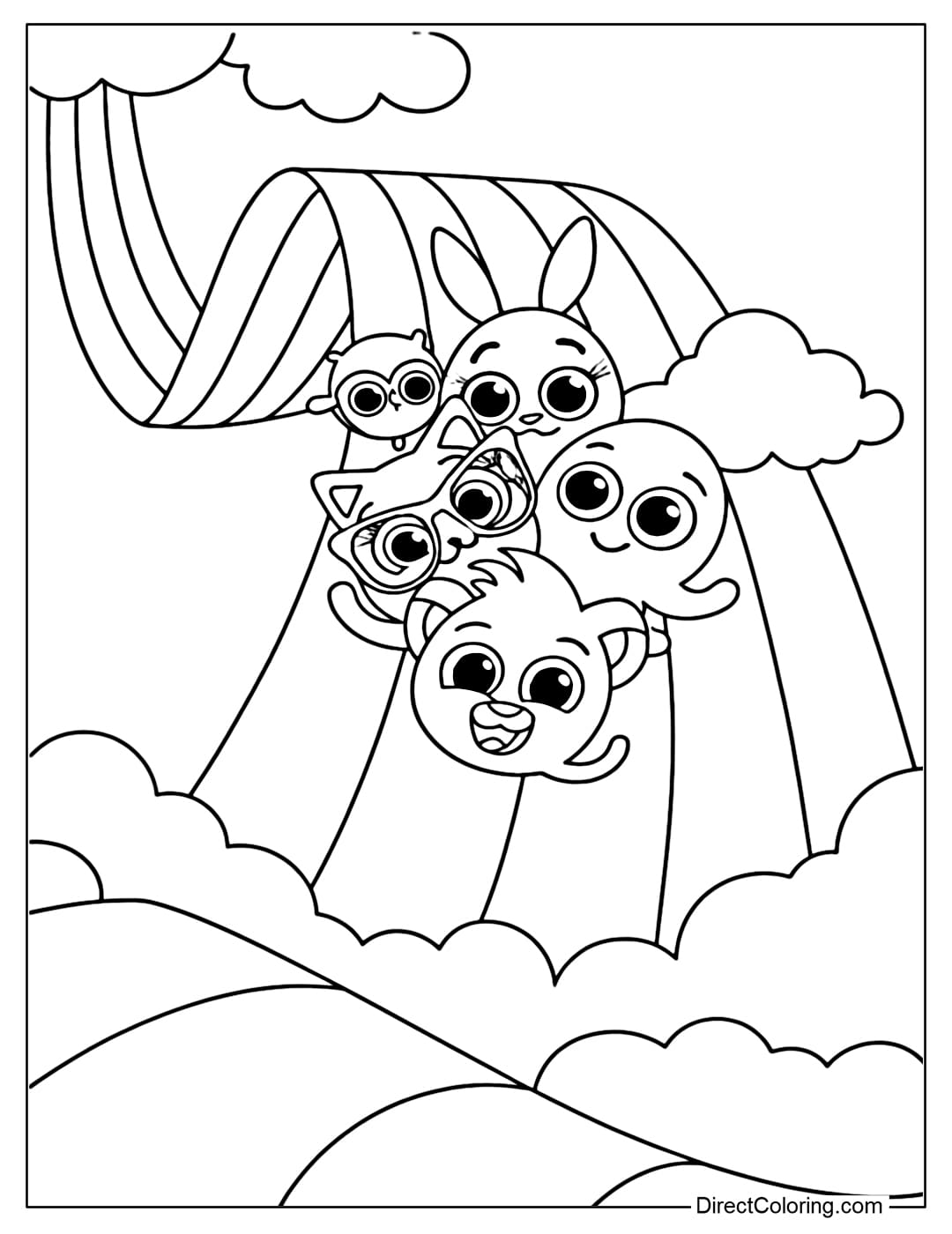 A coloring page of Bolofofos cartoon characters playing on a rainbow.