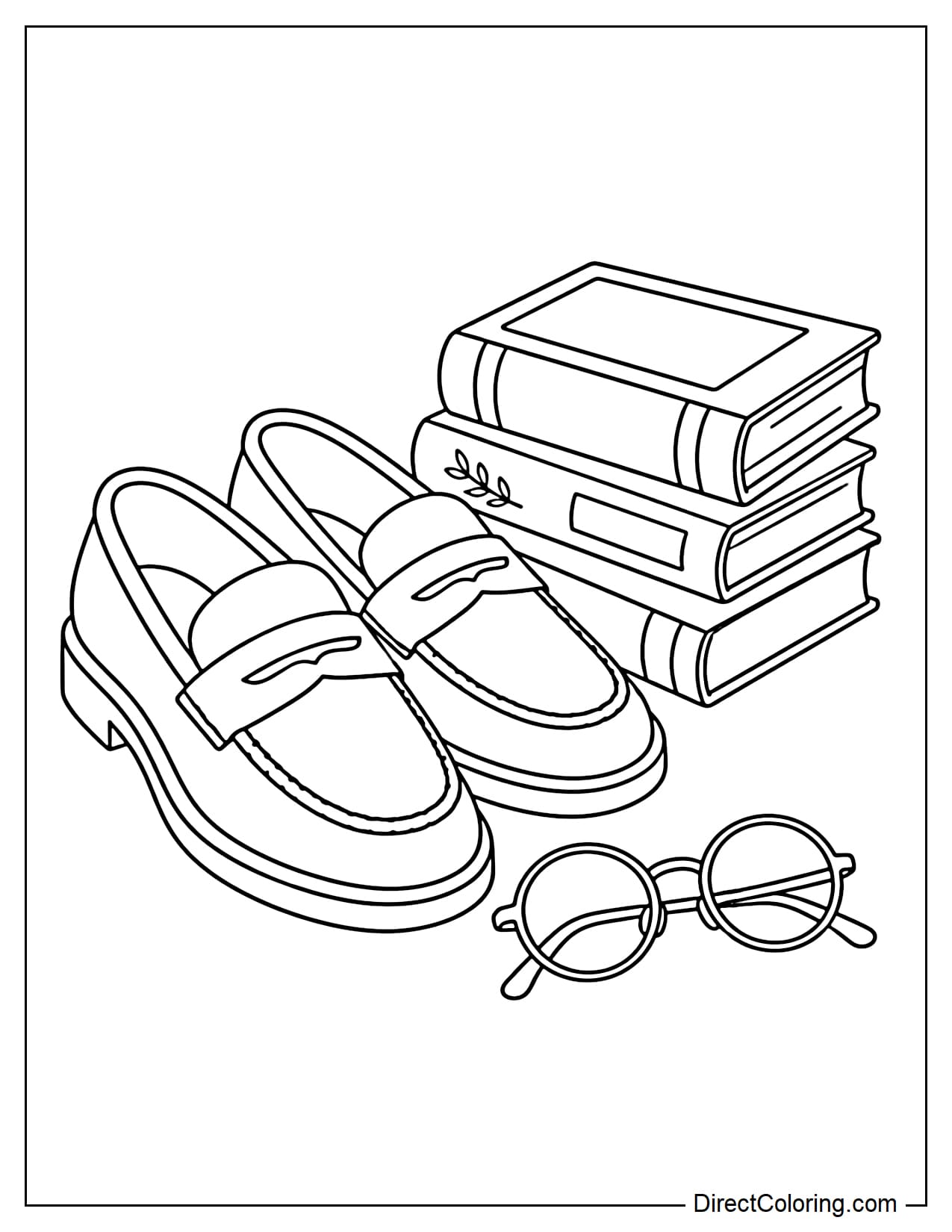 A pair of classic loafers arranged beside a small stack of books and a pair of round glasses.