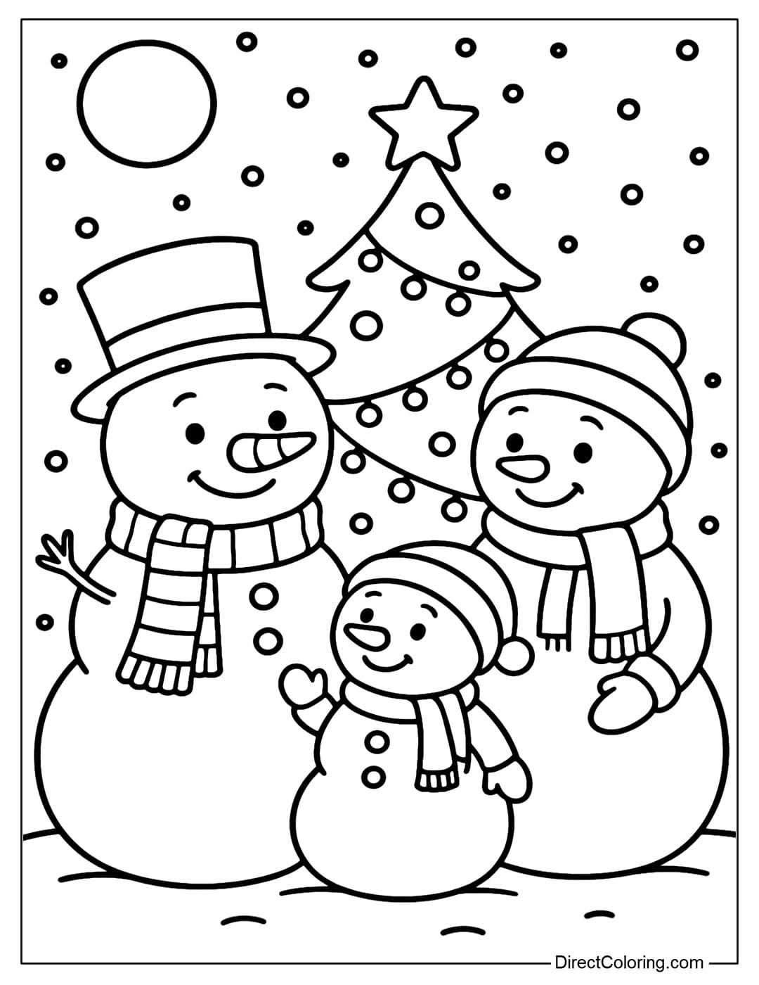 A snowman family coloring page with father, mother, and children gathered around a pine tree and sparkling lights.