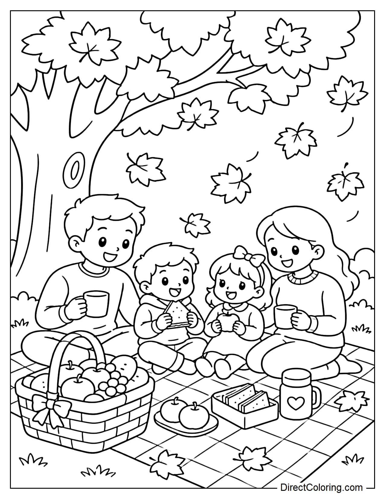 A family picnics under a maple tree, with a tablecloth, a food basket, and a few autumn leaves fluttering around them.
