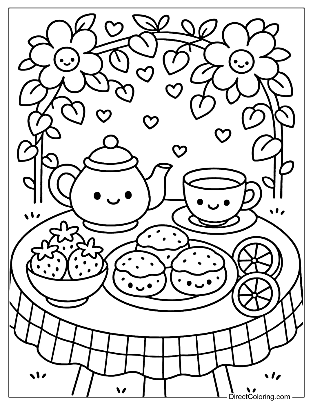A tea party set up outdoors under a flower trellis, with a checkered tablecloth, scones, strawberries, and lemon slices.