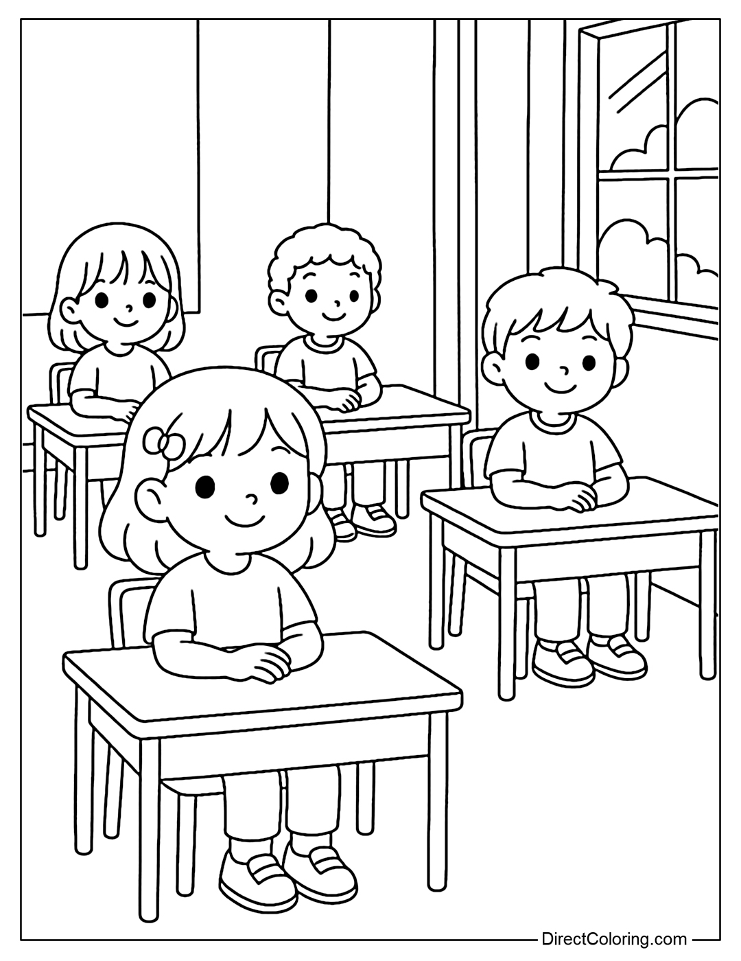 A coloring page of children sitting upright in the classroom, light shining through the window, ready to study.