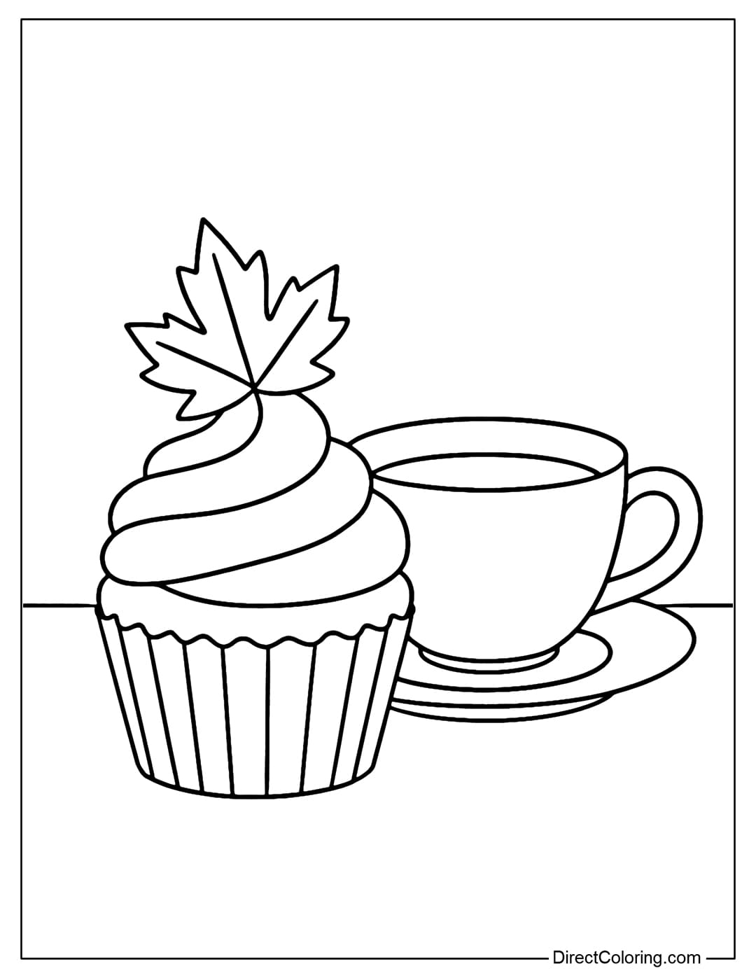 A coloring page of a cupcake covered with cream, with a small maple leaf on top, placed on the table next to a cup of tea.