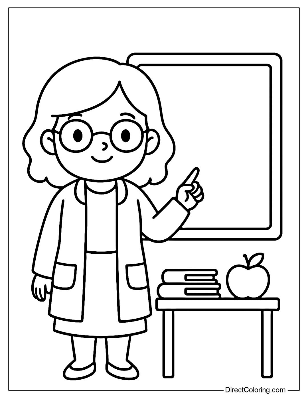 Coloring page of a teacher standing next to a blackboard, with a few books and apples on the table, simple style.