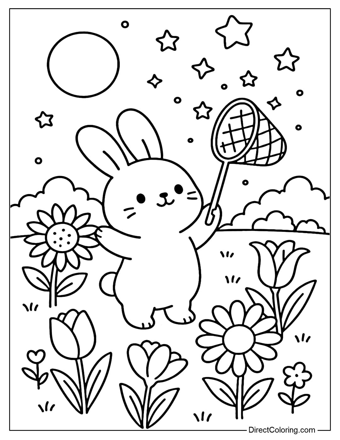 Coloring page of a rabbit standing on the grass, reaching out to catch a falling star from the sky.