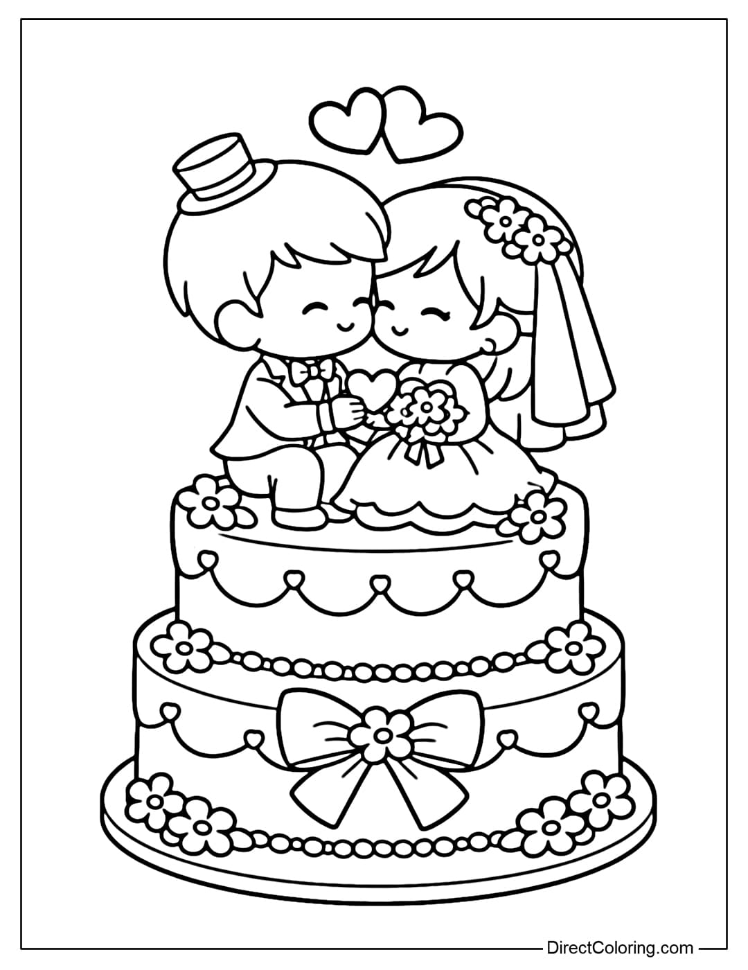 A coloring page featuring a cute cake topper.