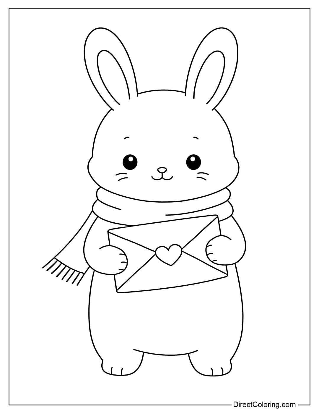 A coloring page of a bunny wearing a scarf, holding a heart-shaped envelope, with a gentle and adorable expression.