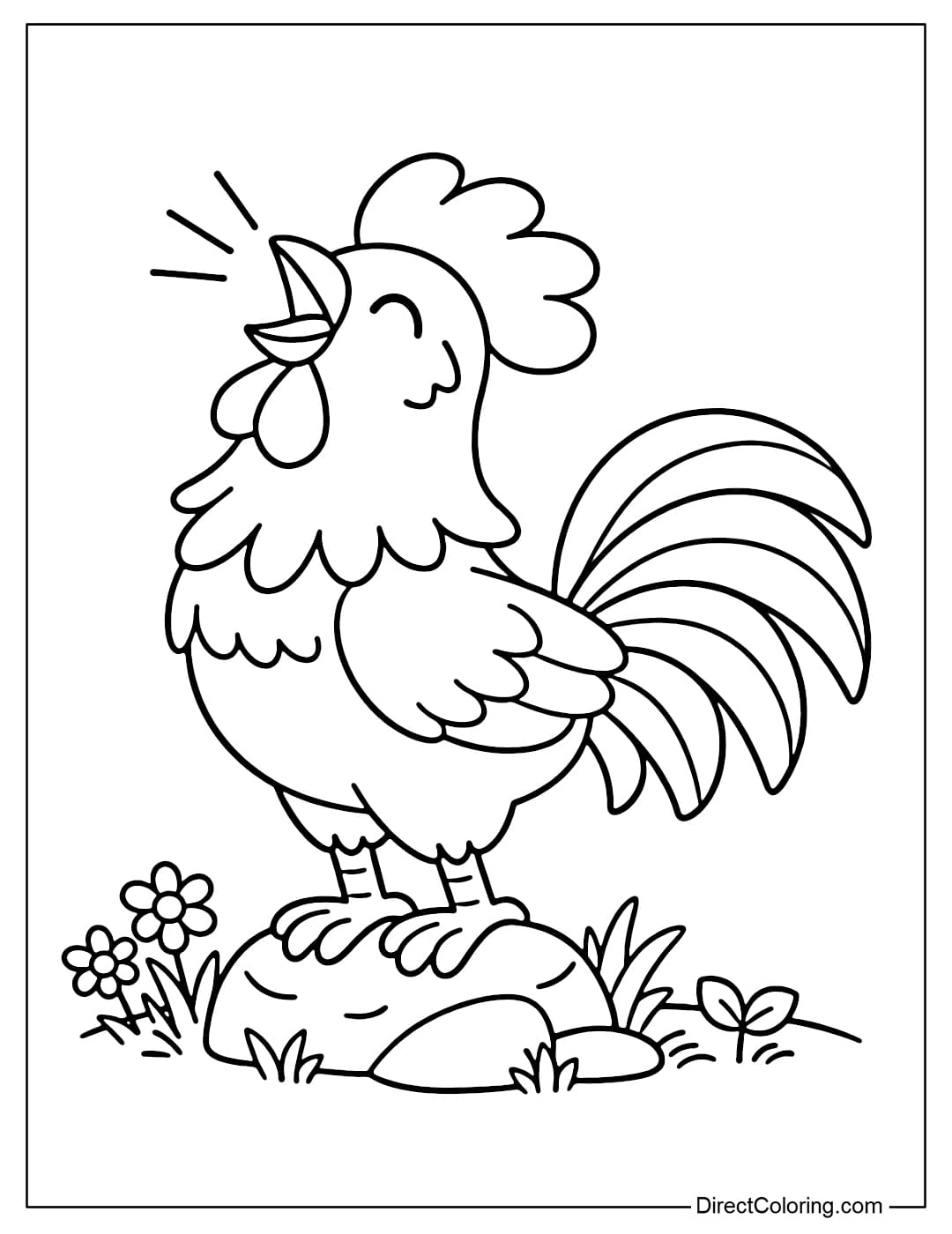 Coloring page of a rooster crowing in a clear pose.