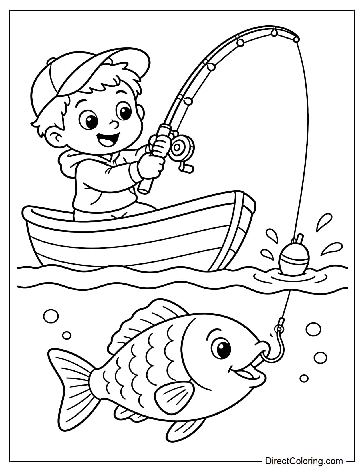 A happy boy is pulling up a fishing rod with a large fish below the surface, the rod slightly bent.