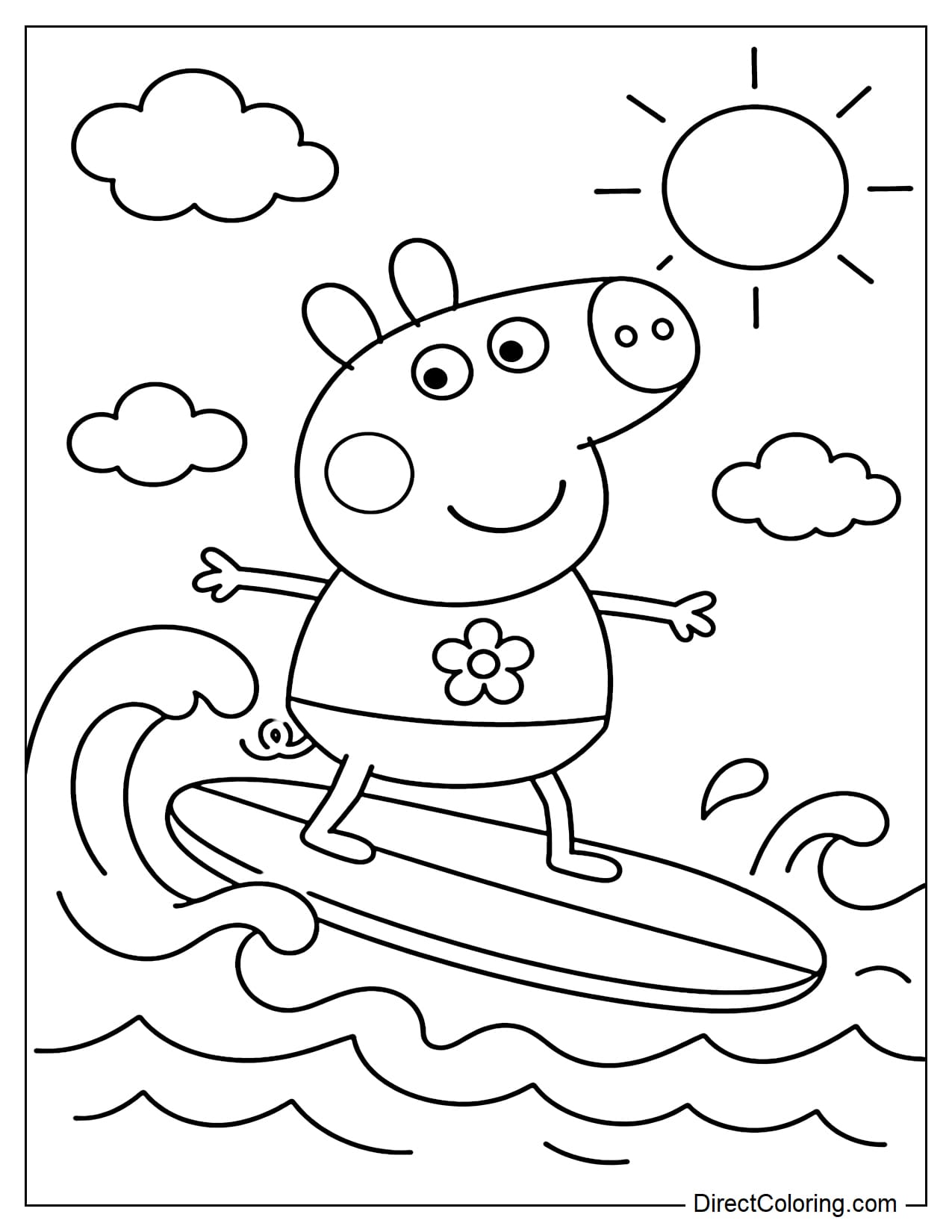 Peppa Pig stands on a small surfboard amidst simple summer waves, with the sun and a few clouds in the background.