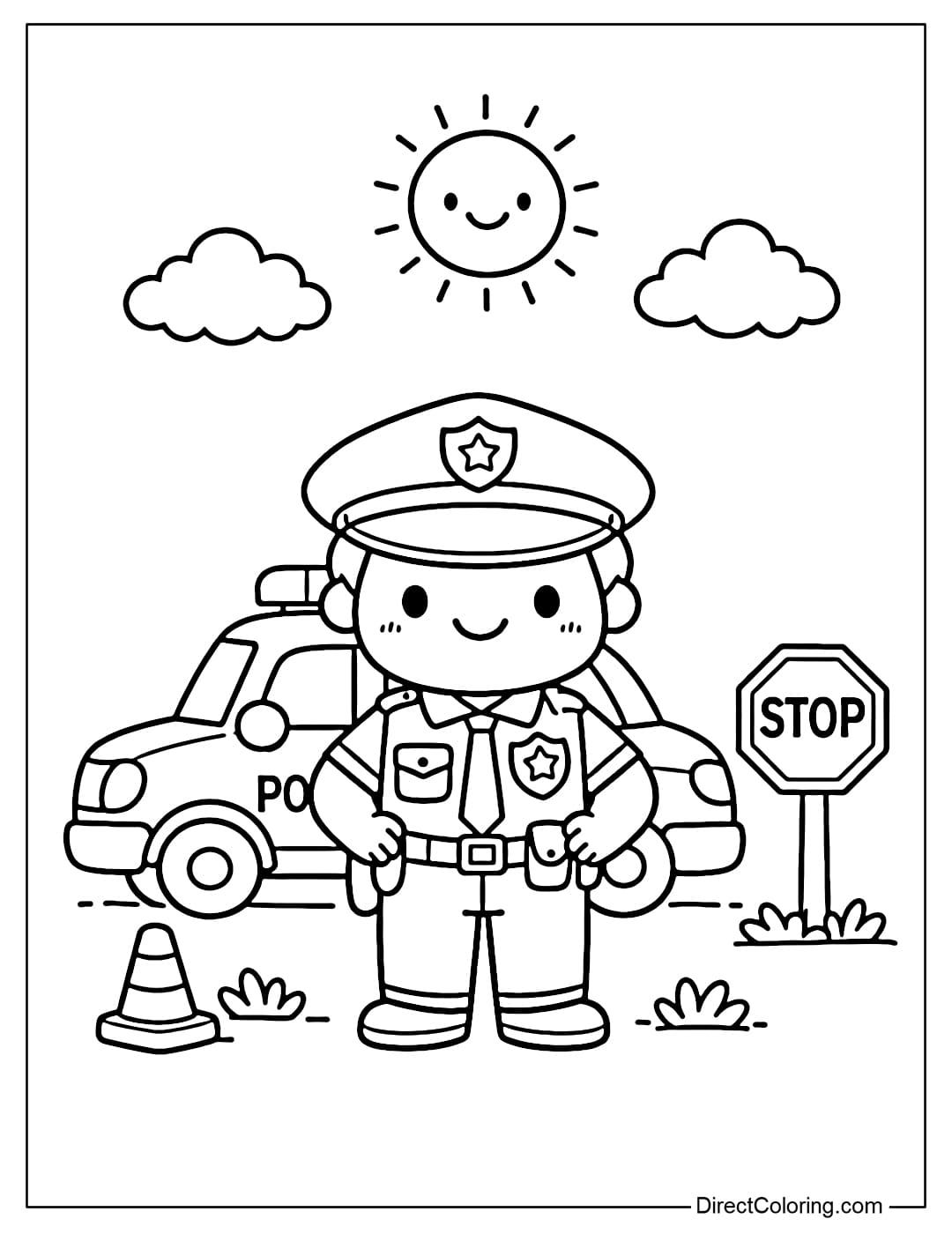 A coloring page of a simple police officer standing next to a police car.