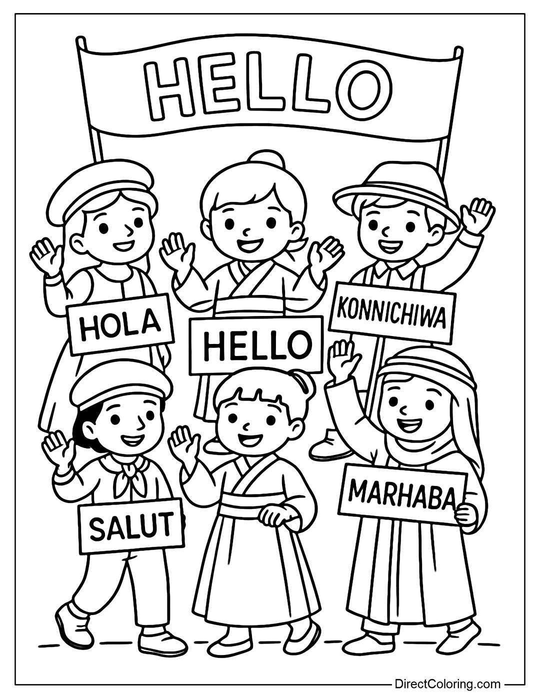 A coloring page of a miniature international parade with children dressed in traditional costumes from many different countries, holding banners that say 