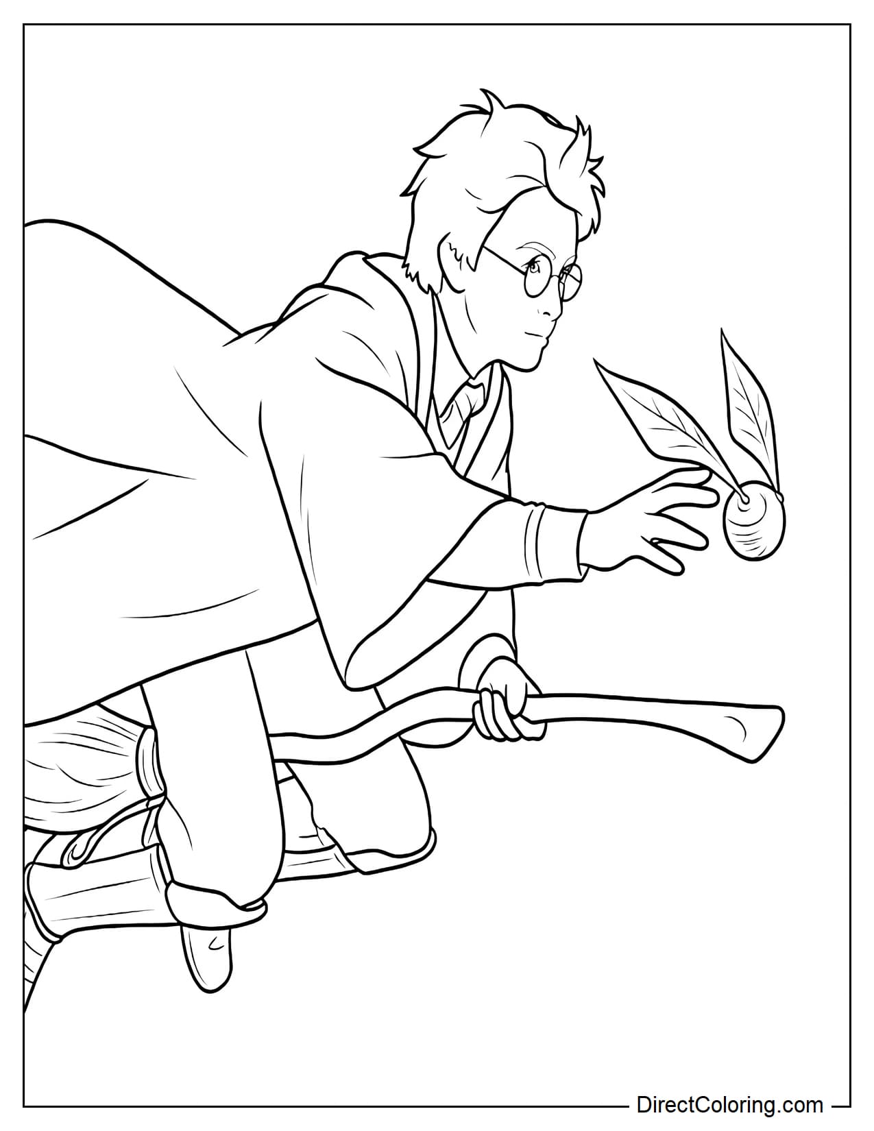 Harry Potter is riding a broomstick, leaning forward with one hand reaching out to catch the Golden Snitch flying just ahead of him.