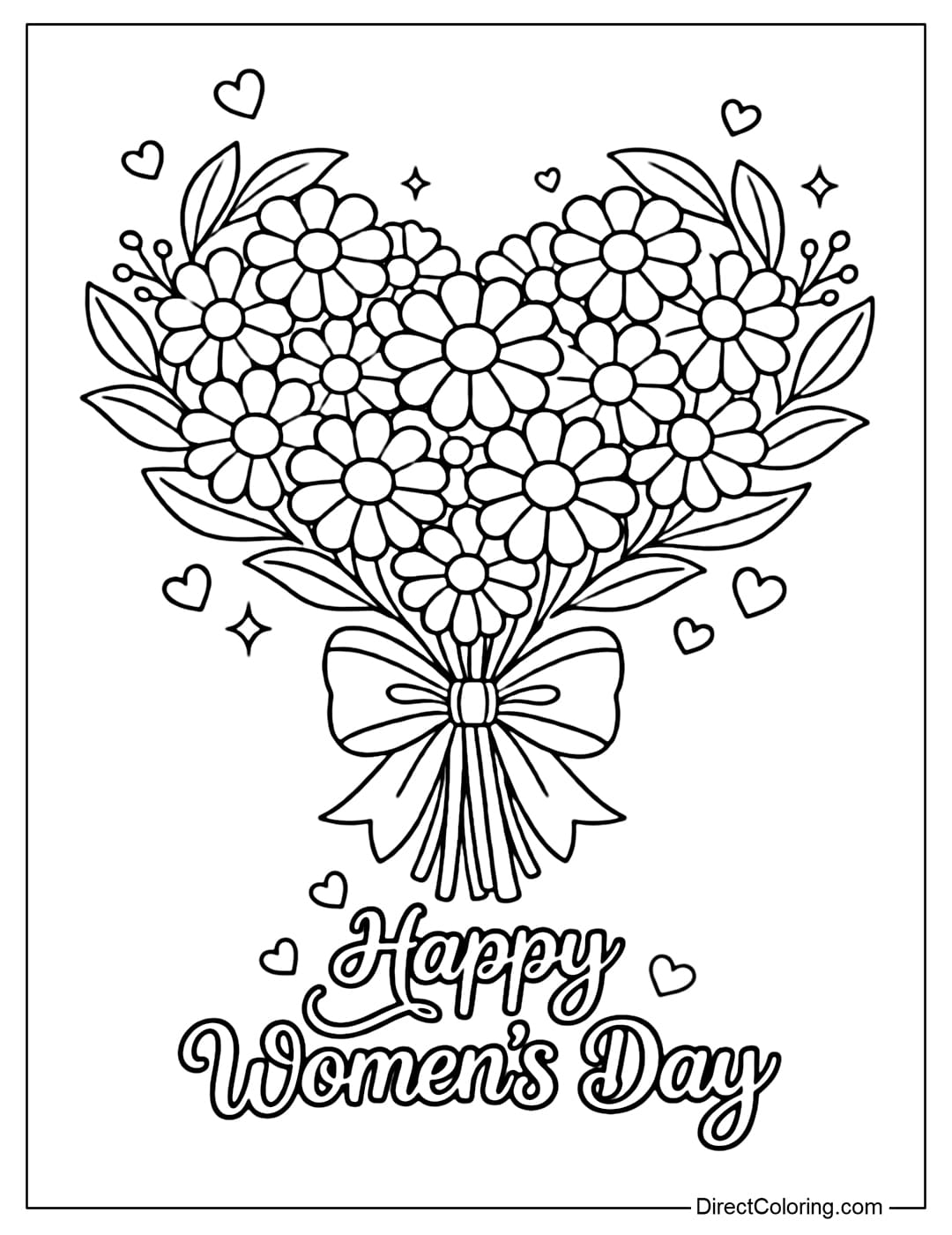 A coloring page depicting a heart-shaped bouquet, with 