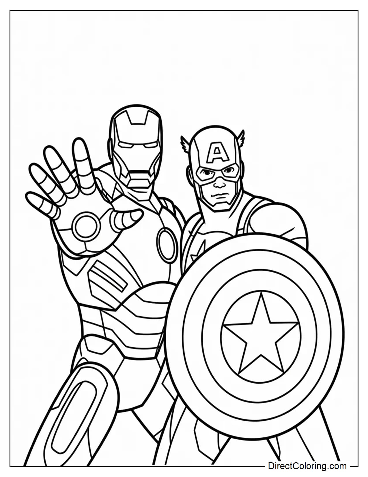 Iron Man and Captain America stand close together in a defensive stance, Iron Man raising one arm forward, Captain America holding a shield.