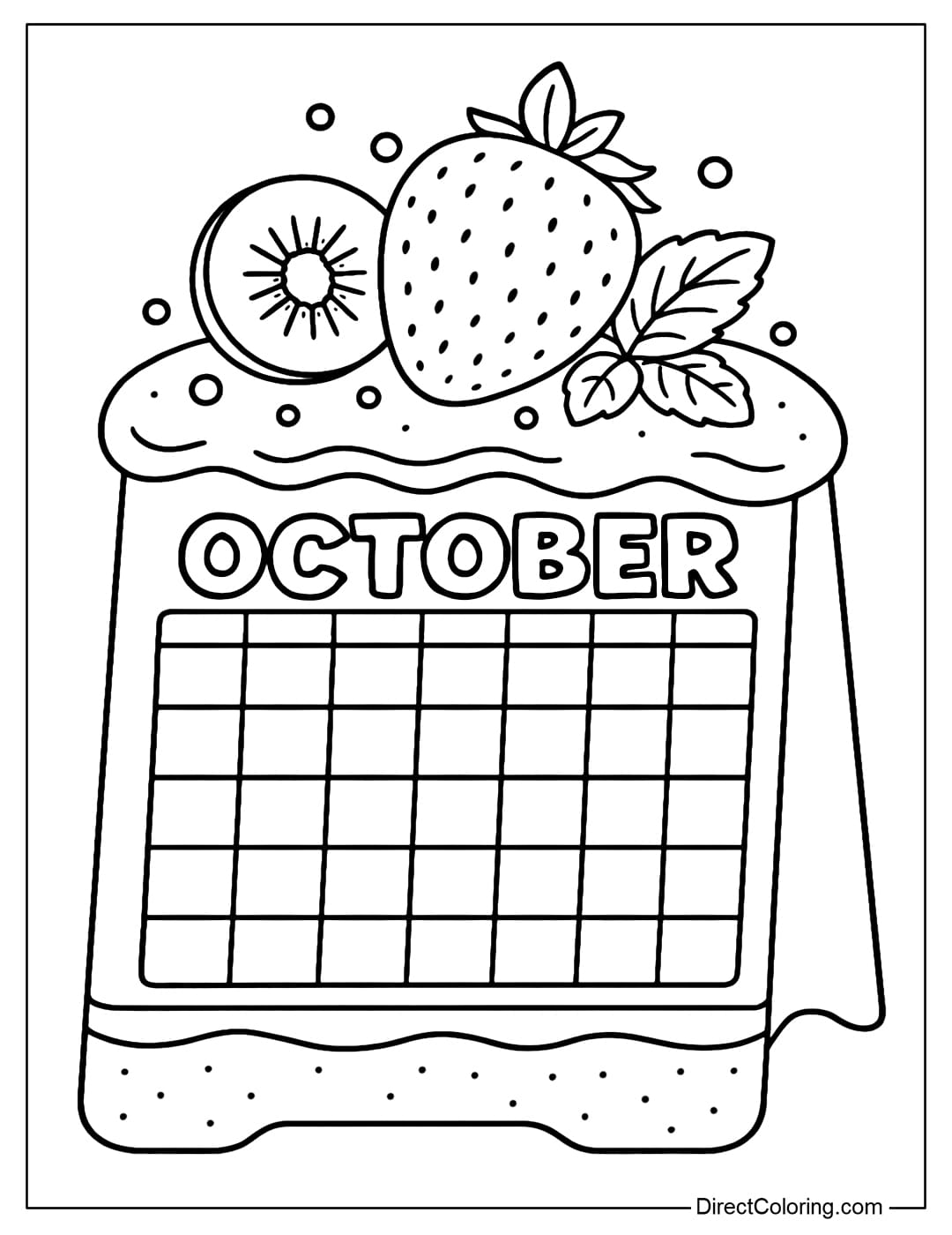 October calendar coloring page is a standee cutout in the shape of a soft, fluffy strawberry shortcake; the calendar is nestled within the cake layer like a large label. The top is subtly decorated: large strawberries, kiwi slices, mint leaves, and a few sugar dots.