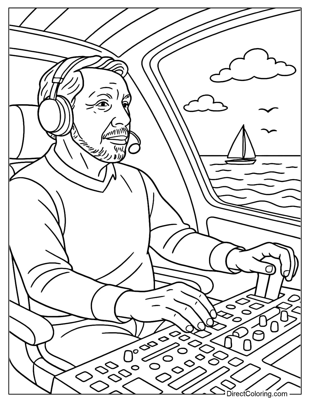 Larry Ellison in the Cockpit Coloring Page Larry Ellison Coloring Page in the cockpit of a plane, wearing a pilot's headset, hands on the controls.