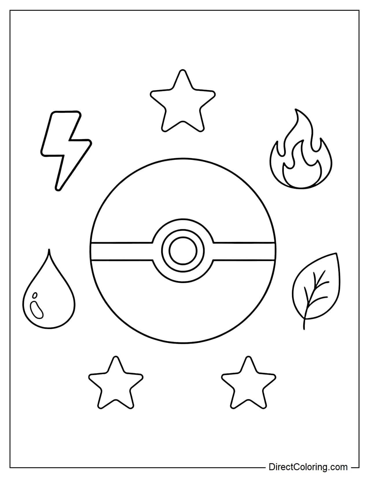 A large Poké Ball in the center of the page, surrounded by symbols of lightning, fire, water droplets, and leaves, with several stars next to them.