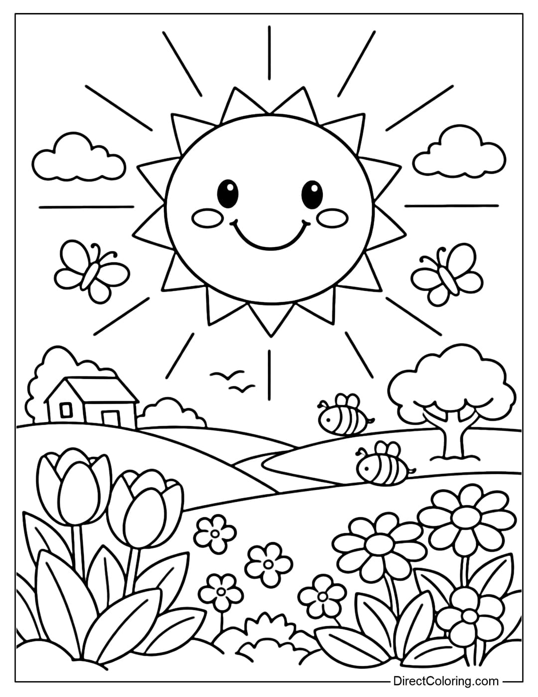 A coloring page for a smiling round sun shining on a spring garden.